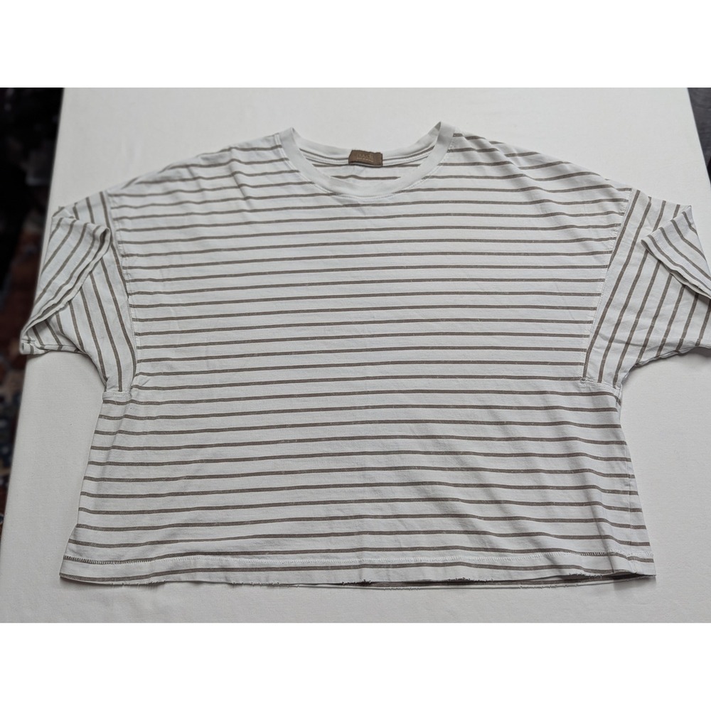 Nuuds Womens Small Boxy Striped Crop Tee White Taupe Brown Cotton Raw Hem